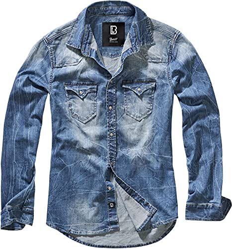Brandit Jeans Uomo Camicia Riley Maglietta Denim - Blu (Blu Denim 62), S