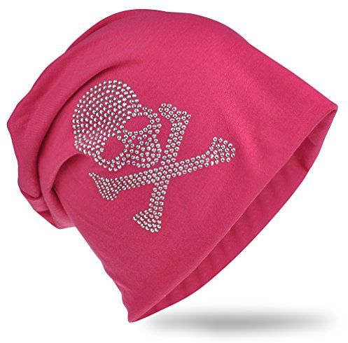 Berretto (beanie) lungo in jersey con teschio in strass, unisex, colore unico Pirat-Pink taglia unica