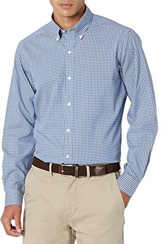 Tailored Fit Button-Collar Pattern Non-Iron Dress Shirt Camicia, Blu (Blue/Brown Check), 16" Neck 35" Sleeve