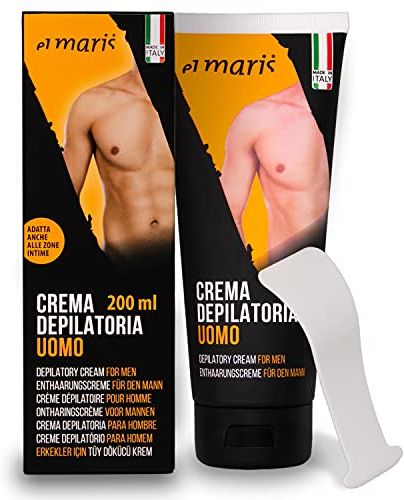 Crema depilatoria Uomo zone Intime. Ultrarapida, efficace, delicata, per tutte le pelli. Lenitiva con Burro di Karitè. Depilazione corpo, inguine, petto, schiena, gambe, braccia. 200ml