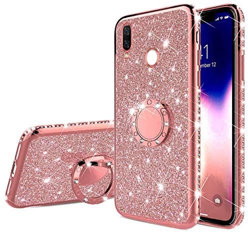 Anello Cover Compatibile con Xiaomi Redmi Note 7 Custodia,Compatibile con Cover Redmi Note 7 Diamanti Glitter Bling Silicone TPU Cover con Anello Bling Cristallo Strass Bumper Case-Oro Rosa