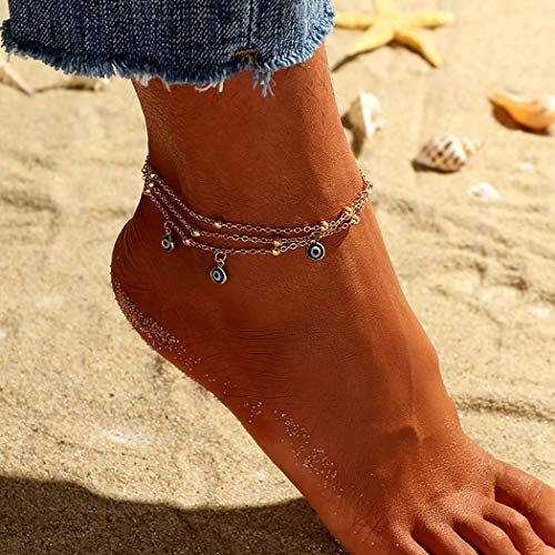 Cavigliera a strati in argento con perline in occhio malvagio per caviglia e spiaggia, per donne e ragazze