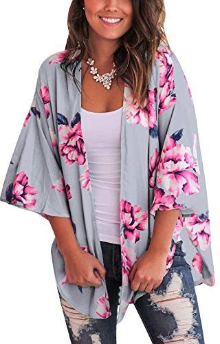 Cardigan per Donna Copricapo Corto per Spiaggia Stampa Floreale Kimono Stile Bohémien Plus Size Donna per Le Vacanze Estive (Grigio, XL)