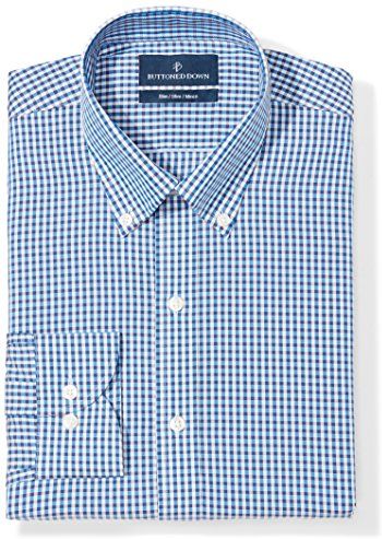 Slim Fit Button Collar Pattern Camicia, Blu (Blue/Brown Check), 16" Neck 32" Sleeve
