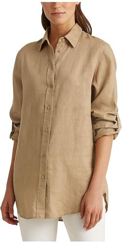 Roll-Tab-Sleeve Linen Shirt (Spring Khaki) Women's Clothing
