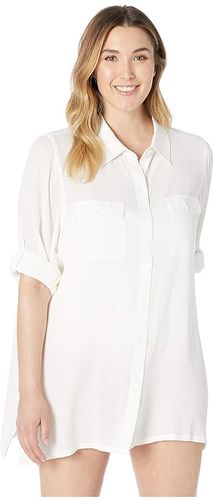 Plus Size Crinkle Rayon Cover-Up Camp Shirt (White) Women's Swimwear