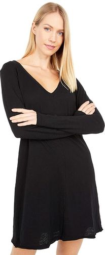 Slubbed Jersey Long Sleeve V-Neck Dress (Black) Women's Dress