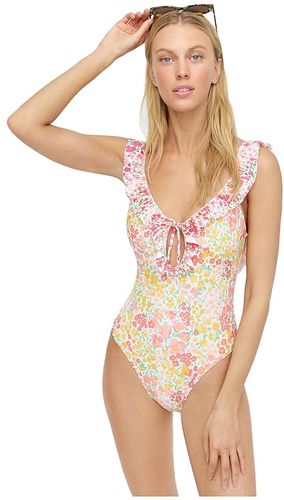 Ruffle Keyhole Swimsuit In Micro Meadow Print (Pink/Yellow Combo) Women's Swimsuits One Piece