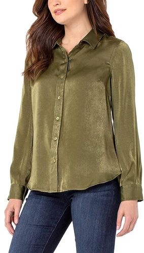 Button-Up Sateen Blouse (Olive) Women's Clothing