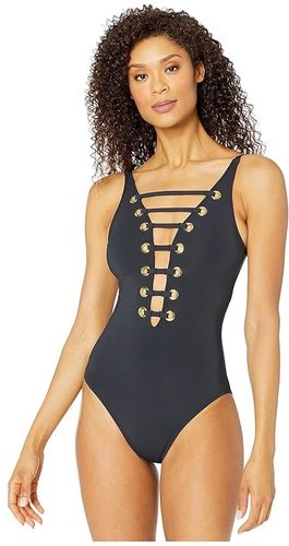 Hole in One Over the Shoulder Plunge Mio One-Piece (Black/Gold) Women's Swimsuits One Piece