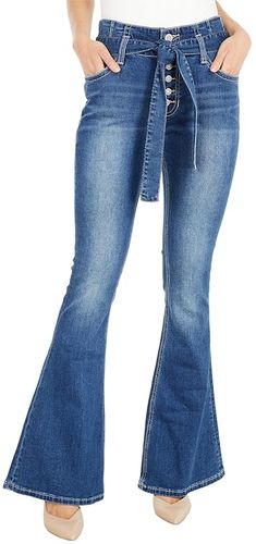 High-Rise Flare with Button Fly Closure and Denim Self Belt in Medium Wash WHN6117 (Medium Wash) Women's Jeans