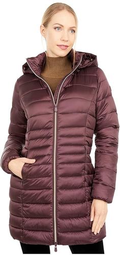 Iris Shiny Iridescent Puffer Coat with Removable Hood (Chestnut Brown) Women's Clothing