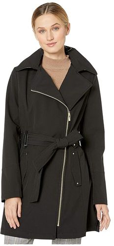 Asymmetrical Hooded Belted Soft Shell w/ PU Trim (Black 1) Women's Coat