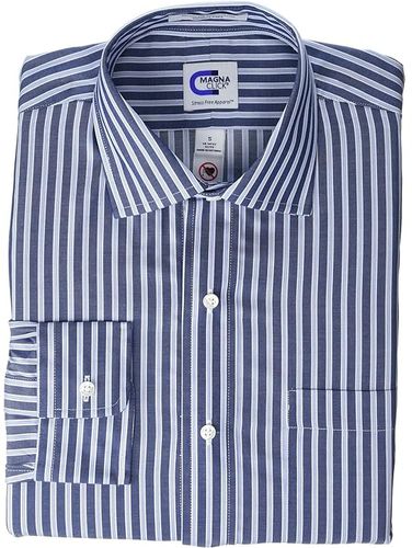 Long Sleeve Magnetically-Infused Button-Down Shirt (Navy Twill Stripe 1) Men's Clothing