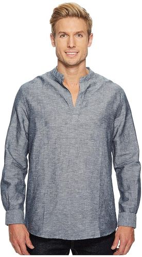 Long-Sleeve Solid Linen Cotton Popover Shirt (Ink) Men's Clothing