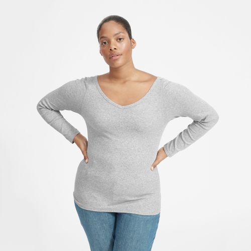 Pima Micro-Rib Open V-Neck T-Shirt by Everlane in Heathered Grey, Size XL