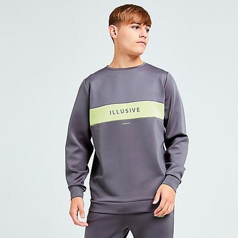 Boys' Illusive London Blaze Fleece Crewneck Sweatshirt in Grey/Dark Grey Size Small Polyester/Fleece/Spandex