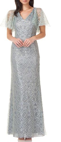 Sequin Cape Sleeve A-Line Gown