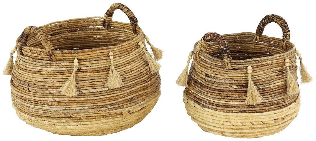 Willow Row Large, Round Natural Brown & Beige Banana Leaf Storage Baskets with Wood Beads & Tassels - Set of 2 at Nordstrom Rack
