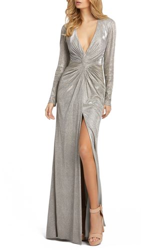 Twist Front Long Sleeve Metallic Gown