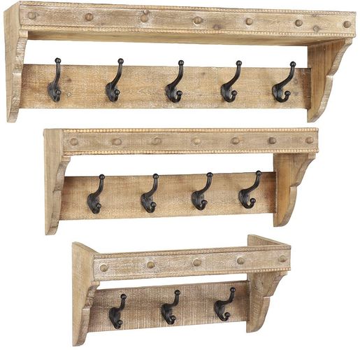 Willow Row Farmhouse Style Large Whitewashed Natural Wood Wall Racks With Metal Hooks - Set Of 3 at Nordstrom Rack
