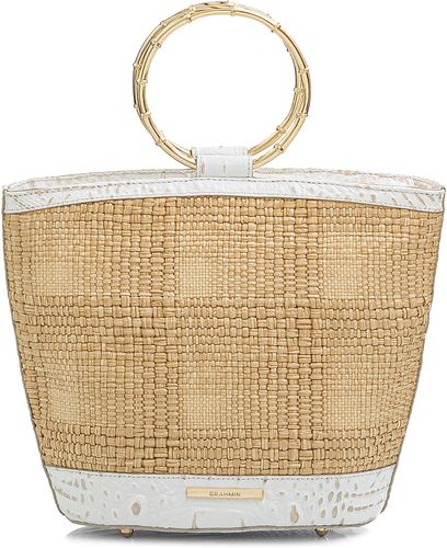 Mod Bowie Woven Straw & Croc Embossed Leather Bracelet Handle Tote - Beige