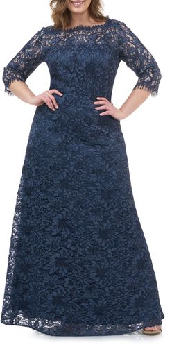 Plus Size Women's Js Collections Bateau Neck Lace Gown