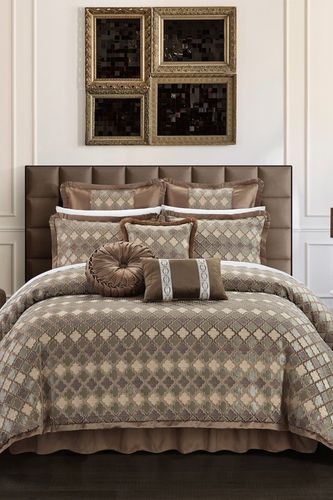 Chic Home Bedding Sueann Chenille Geometric Scroll Design With Faux Silk Flange Border King Comforter Set - Brown - 9-Piece Set 