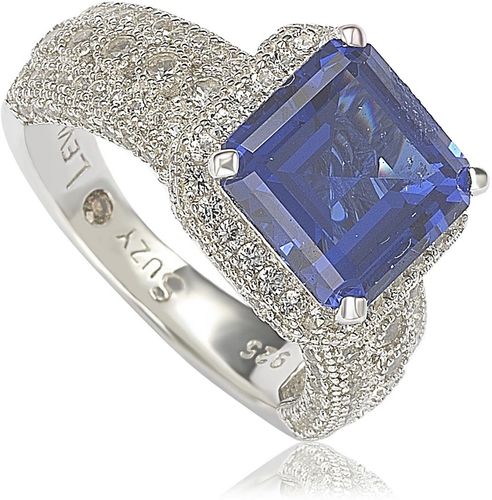 Suzy Levian Sterling Silver Emerald-Cut Sapphire Diamond Accent Ring - 0.02 ctw at Nordstrom Rack