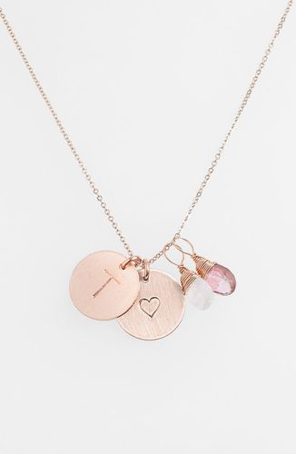 14K-Gold Fill Heart Disc, Moonstone & Pink Quartz Initial Necklace