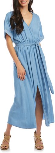 Cuff Sleeve Chambray Faux Wrap Dress