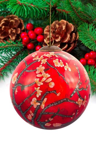 Overstock Art "Branches of an Almond Tree in Blossom" Red, La Pastiche Hand Painted Glass Ornament Collection - Set of 6 at Nord