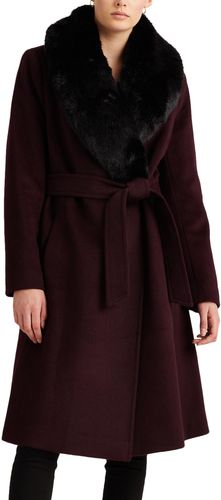 Wool Blend Belted Wrap Coat With Faux Fur Collar