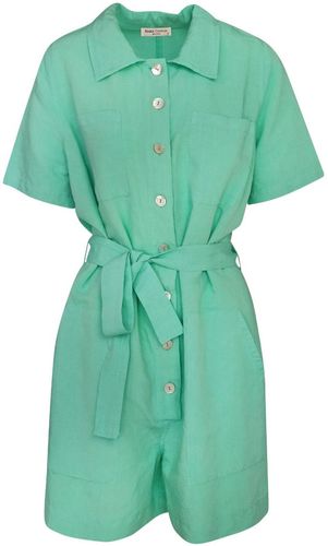 Short Sleeved Linen-Blend Jumpsuit With Front Buttons - Island Green