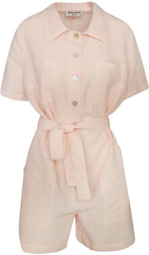 Short Sleeved Linen-Blend Jumpsuit With Front Buttons - Rose Petal