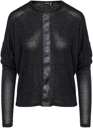 Dark Grey Batwing Top With Faux Leather Detail