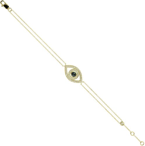 14K Yellow Gold Fixed And Flexible Evil Eye Bracelet White Diamond Handmade Jewelry