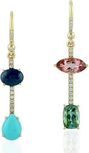 18Kt Yellow Gold Pave Diamond Dangle Earrings Sapphire Tourmaline