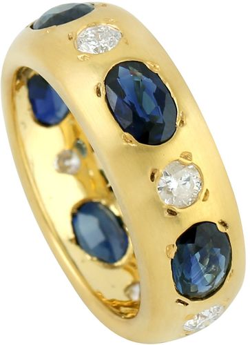 18K Yellow Gold Natural Diamond Band Ring Blue Sapphire Gemstone Jewelry