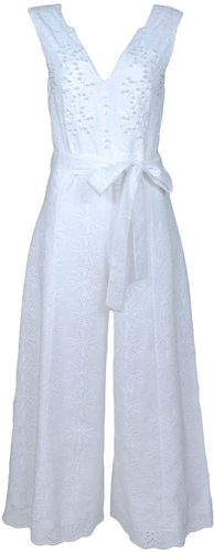 White Cotton Embroidery Jumpsuit With Faux Pearl & Diamond Details