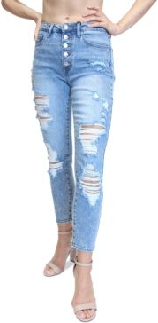 Juniors' Button-Fly Destructed High-Rise Mom Jeans