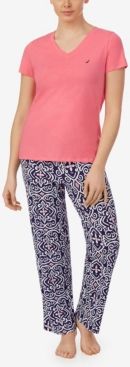 V-Neck Short Sleeve Pajama Top with Long Printed Pant