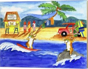 Corgi Surfers Club By Cheryl Bartley Canvas Art