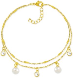 Imitation Pearl & Crystal Two-Row Fine Silver Plate Anklet