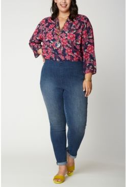 Plus Size Skinny Ankle Pull-On Jeans in Cool Embrace Denim with Roll Cuffs