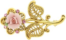 2028 Gold-Tone Pink Crystal and Porcelain Rose Brooch