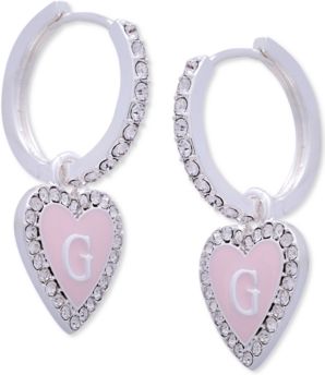 Silver-Tone Pink Crystal Heart Huggie Hoop Earrings