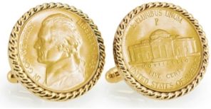 Gold-Layered Silver Jefferson Nickel Wartime Nickel Rope Bezel Coin Cuff Links