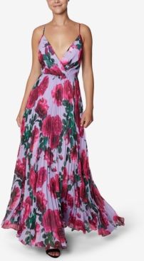 Floral-Print Chiffon Pleated Gown