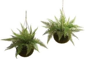 2-Pc. Leather Fern Indoor/Outdoor Artificial Plant Mossy Hanging Basket Set
